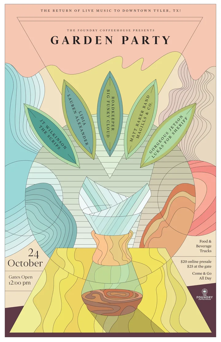 Garden Party poster for The Foundry with pastel leaves listing the bands, including The Scrips