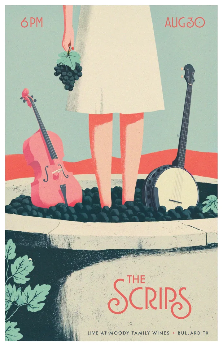 The Scrips Moody Family Wines poster with grapes, a fiddle, a banjo, and August 30 at 6 PM lettering