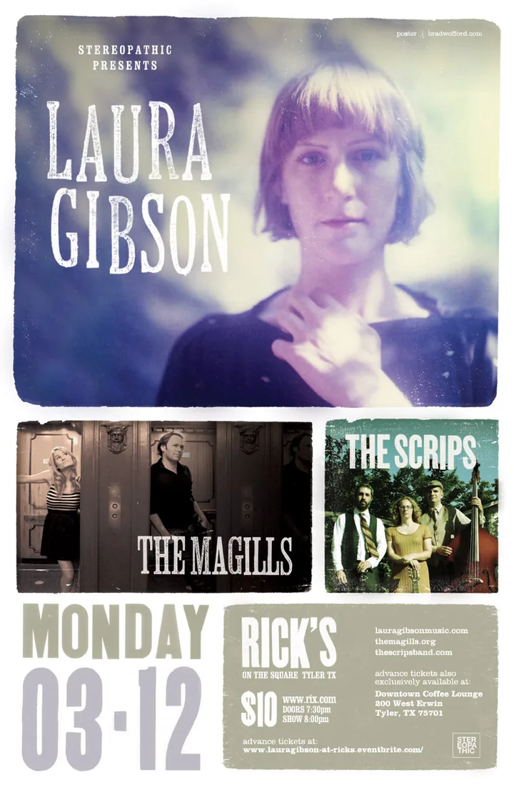 Rick’s concert flyer with Laura Gibson, The Magills, and The Scrips, advertising Monday March 12