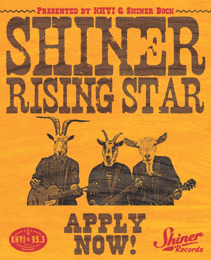 Yellow and red Shiner Rising Star Apply Now promotional poster with three goat-headed musicians